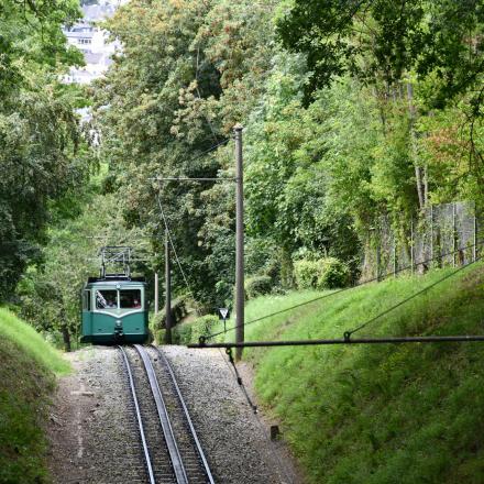 Depuis le pont précèdent la gare de croisement de Schloss Drachenburg arrivée des rames 2 et 3 en rampe Depuis le pont précèdent la gare de croisement de Schloss Drachenburg arrivée des rames 2 et 3 en rampe